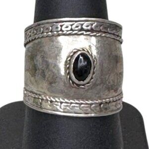 Cigar Band Wide Sterling Silver Ring Black Onyx Statement Handmade Boho Size 8